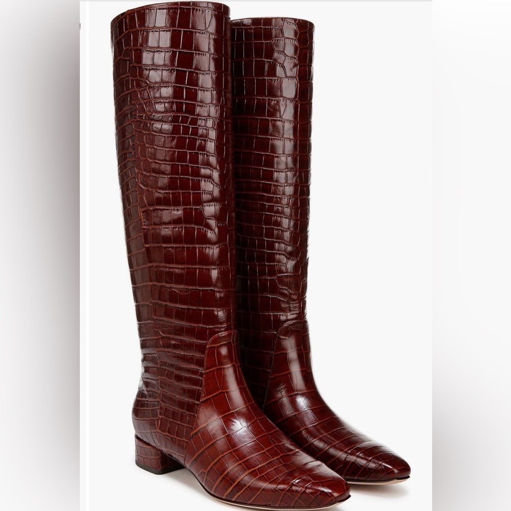 Veronica Beard Tall Croc-Embossed Leather Over-the-Knee Boots in Deep Brown